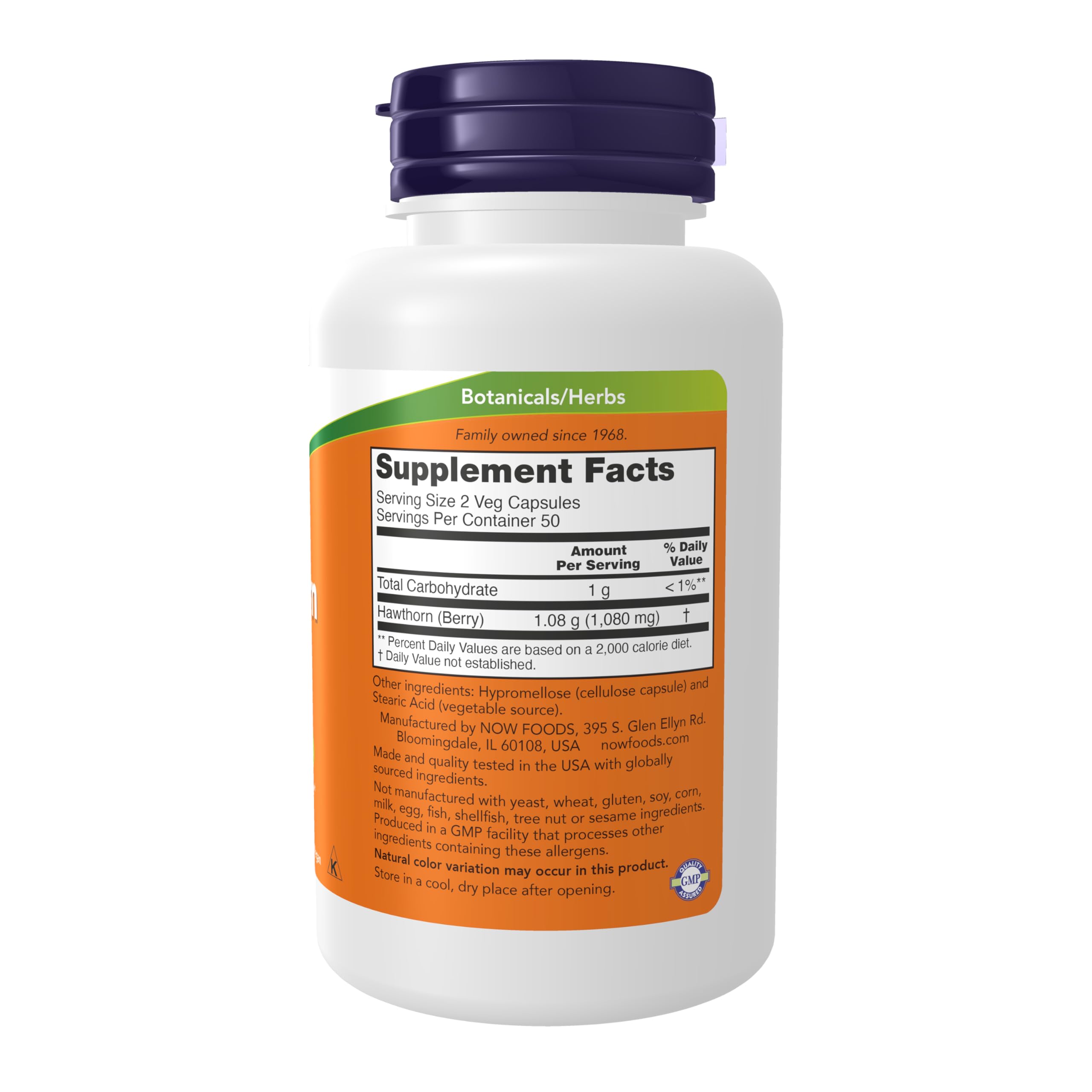 NOW Foods Hawthorn Berry supplement label showing supplement facts and ingredients