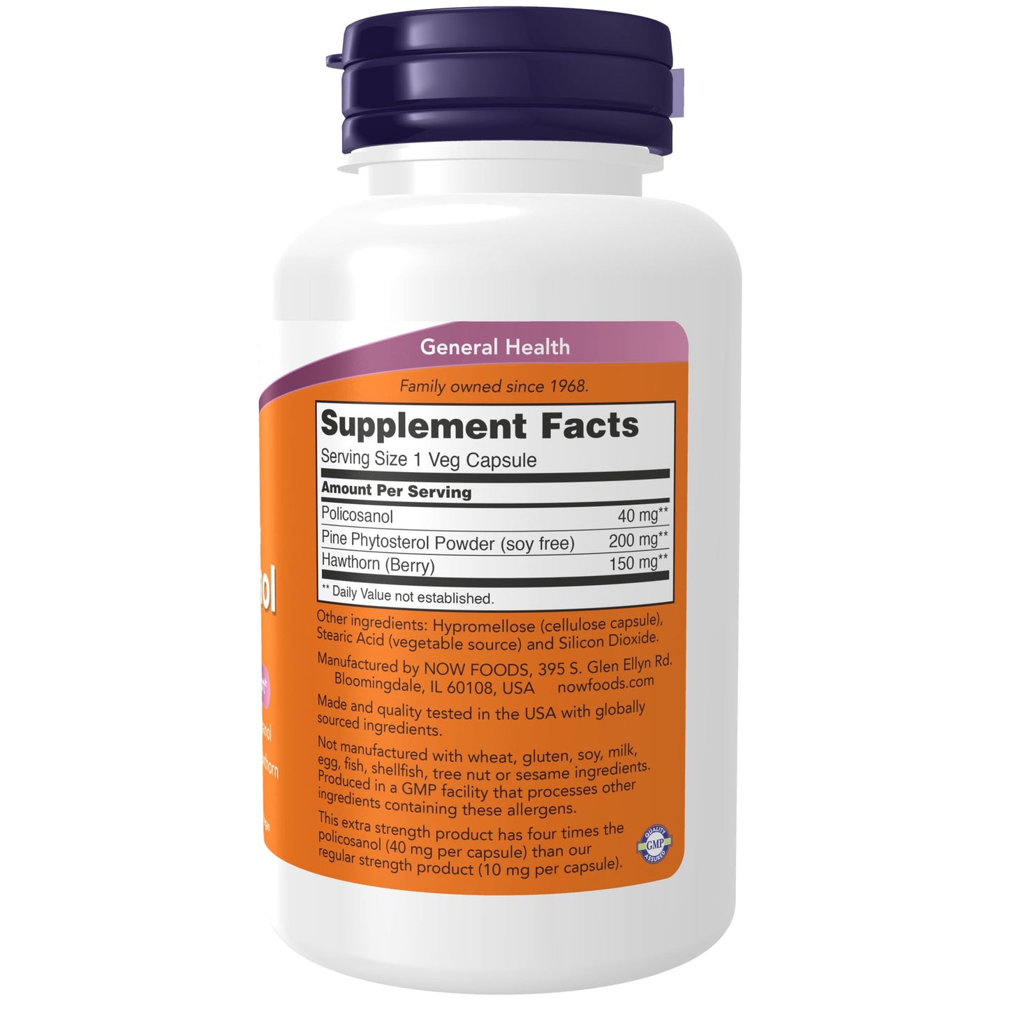 NOW Foods Policosanol 40mg supplement facts label showing plant sterols and hawthorn berry ingredients
