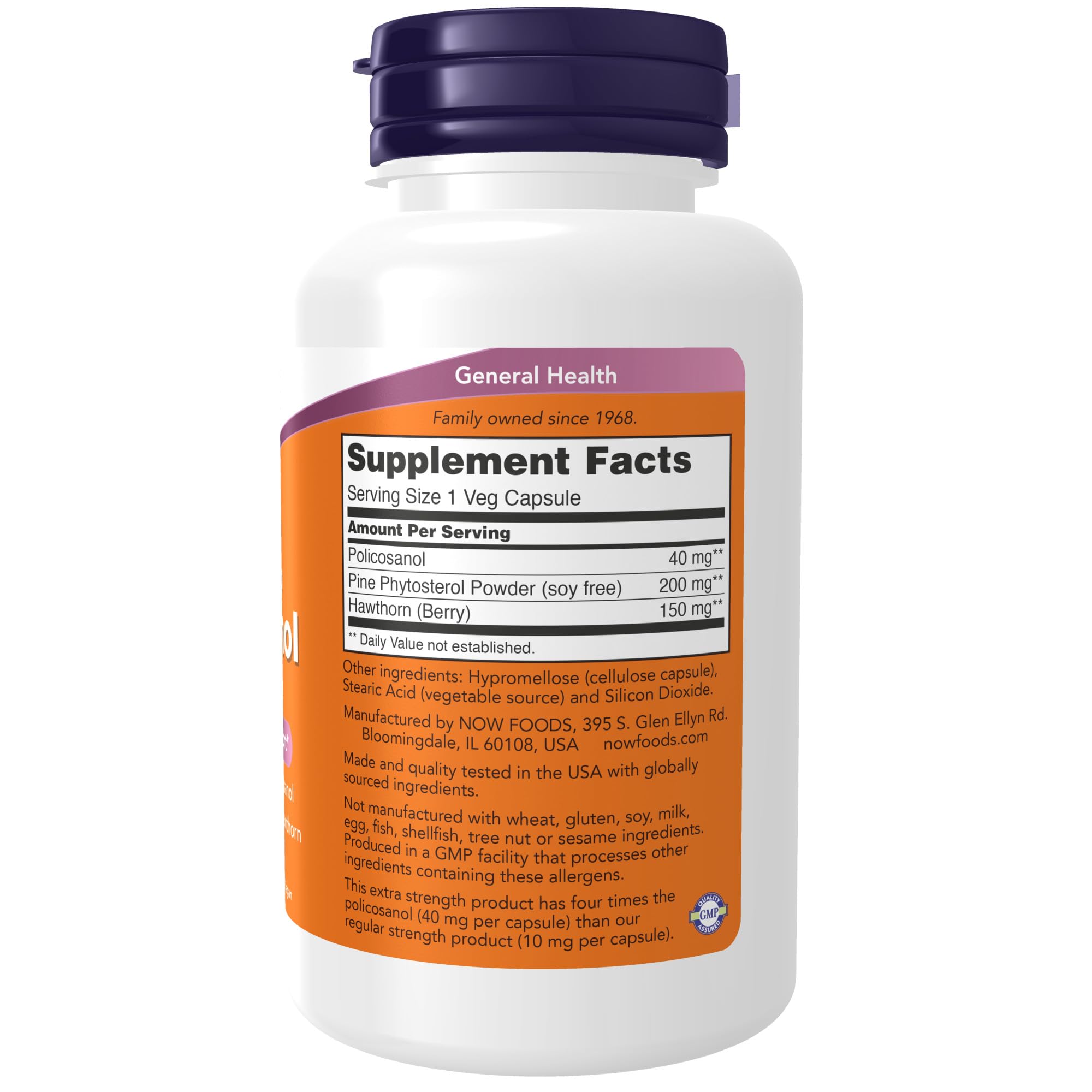 NOW Foods Policosanol 40mg supplement facts label showing plant sterols and hawthorn berry ingredients