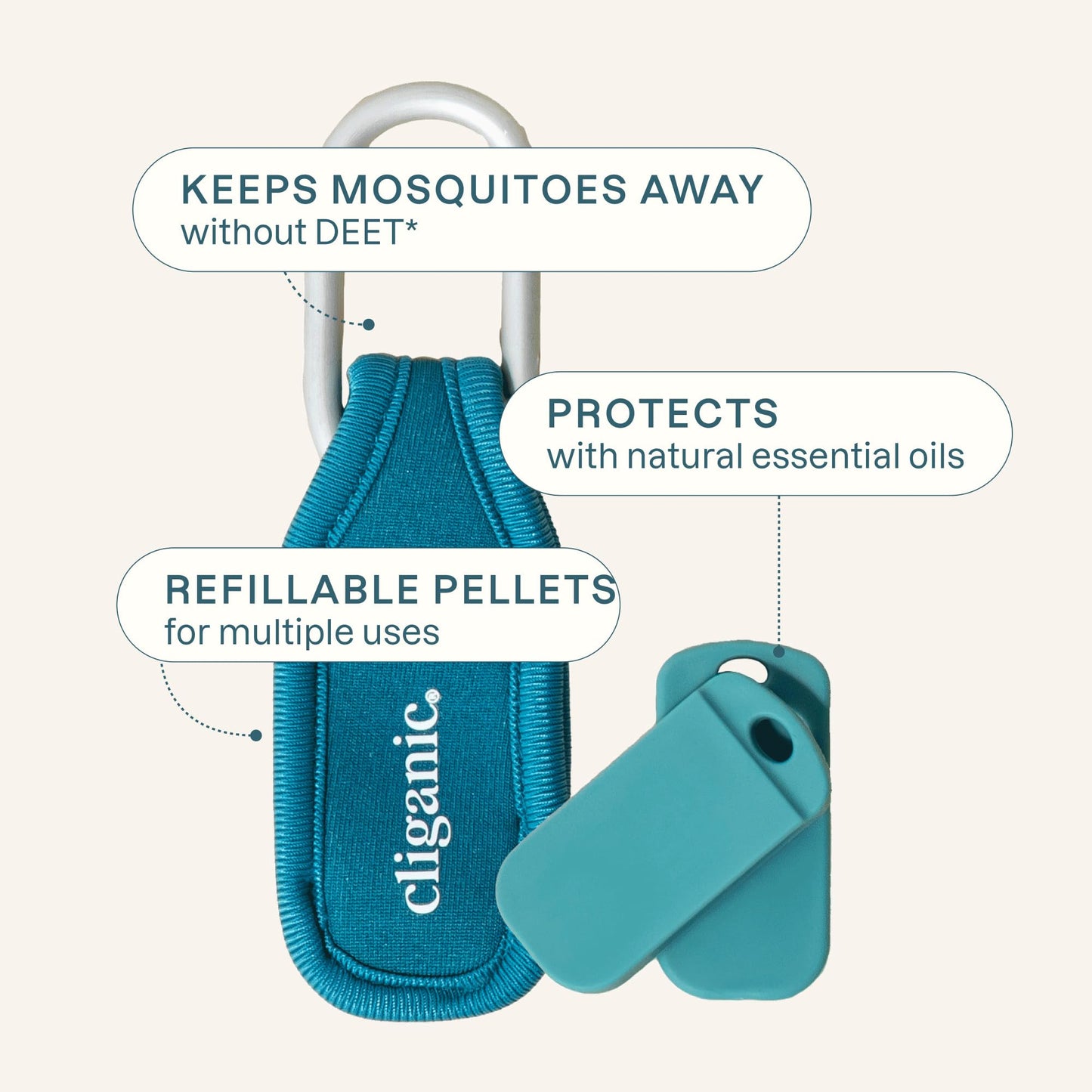 Cliganic mosquito repellent kit showing pellets and clip