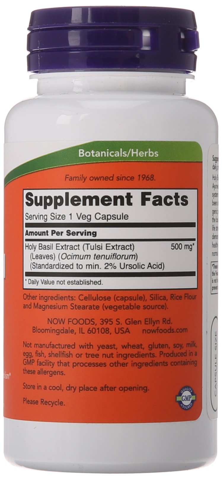Now Foods Holy Basil Extract bottle back label details