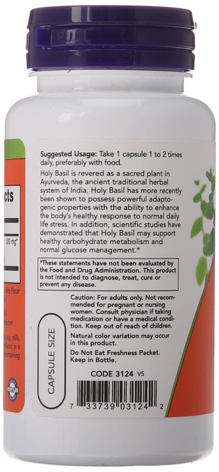 Now Foods Holy Basil supplement bottle showing 500mg potency