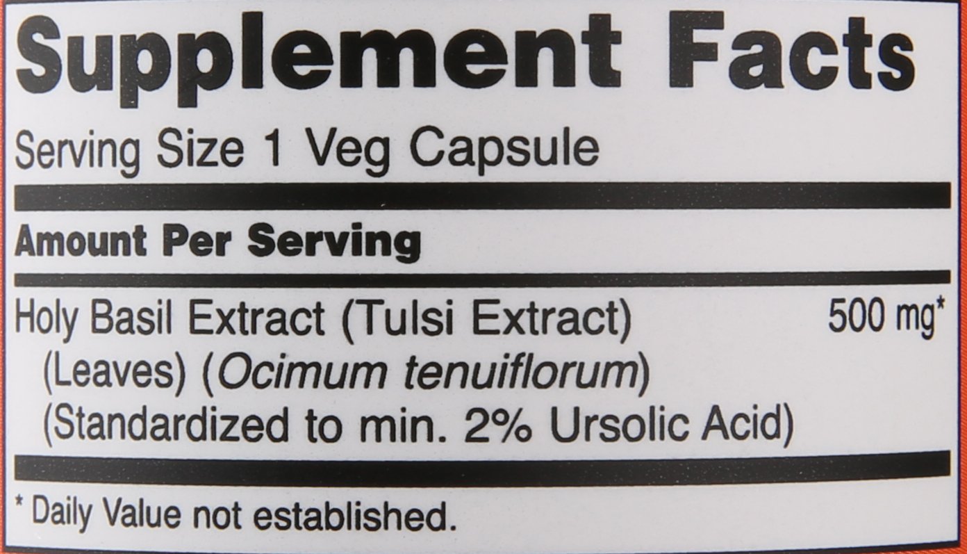 Now Foods Holy Basil extract bottle side view with ingredients