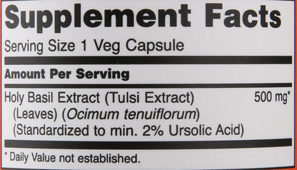 Now Foods Holy Basil extract bottle side view with ingredients