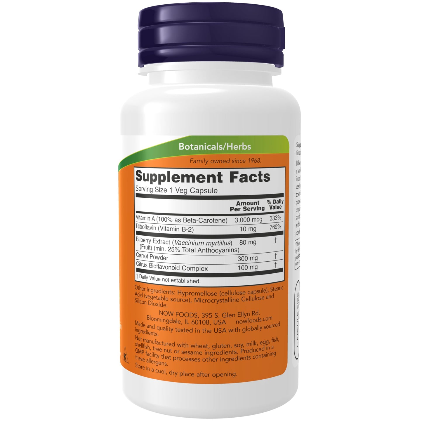 NOW Foods Bilberry Complex 80 milligrams supplement bottle showing standardized extract details