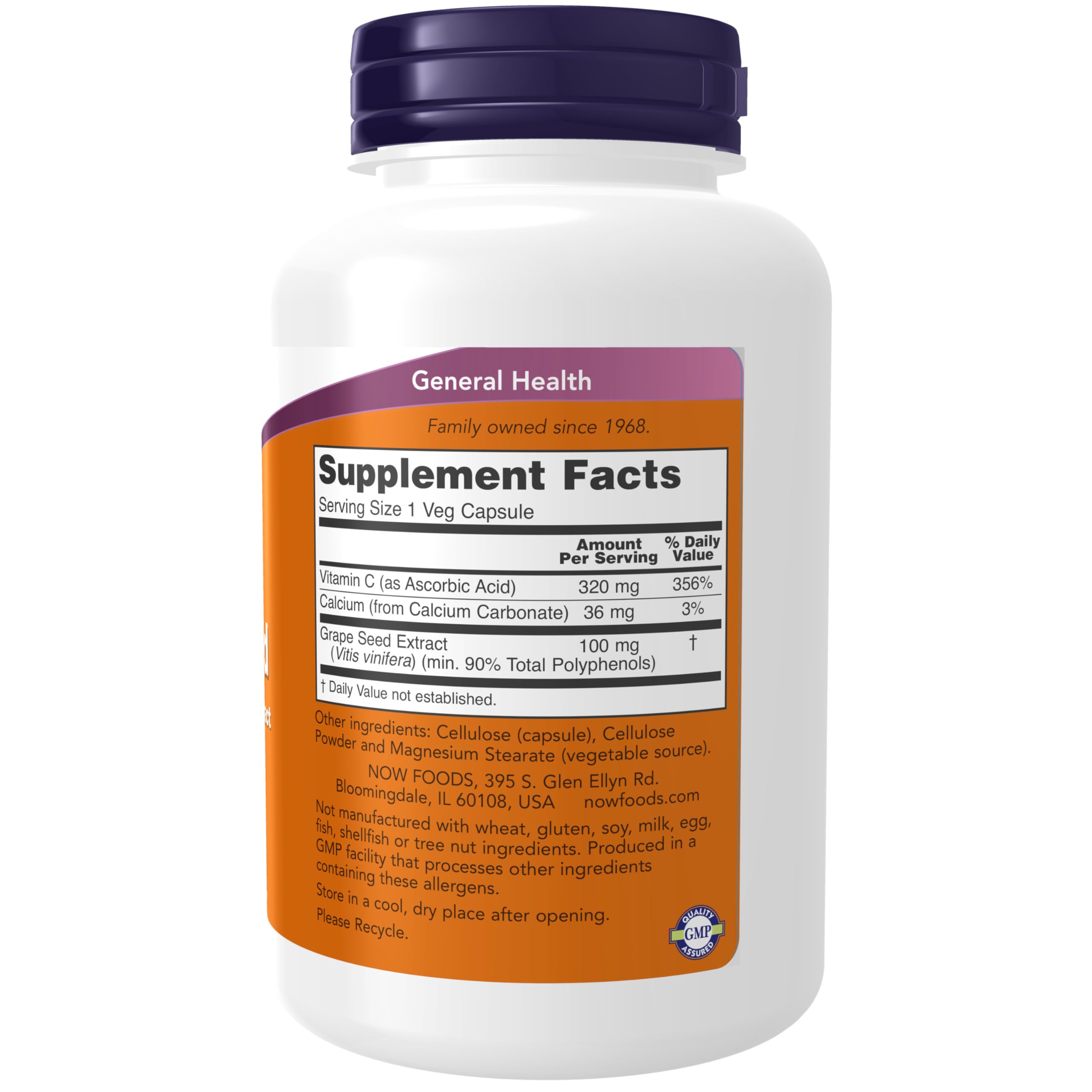 Back of NOW Foods Grape Seed Extract bottle showing supplement facts and ingredients