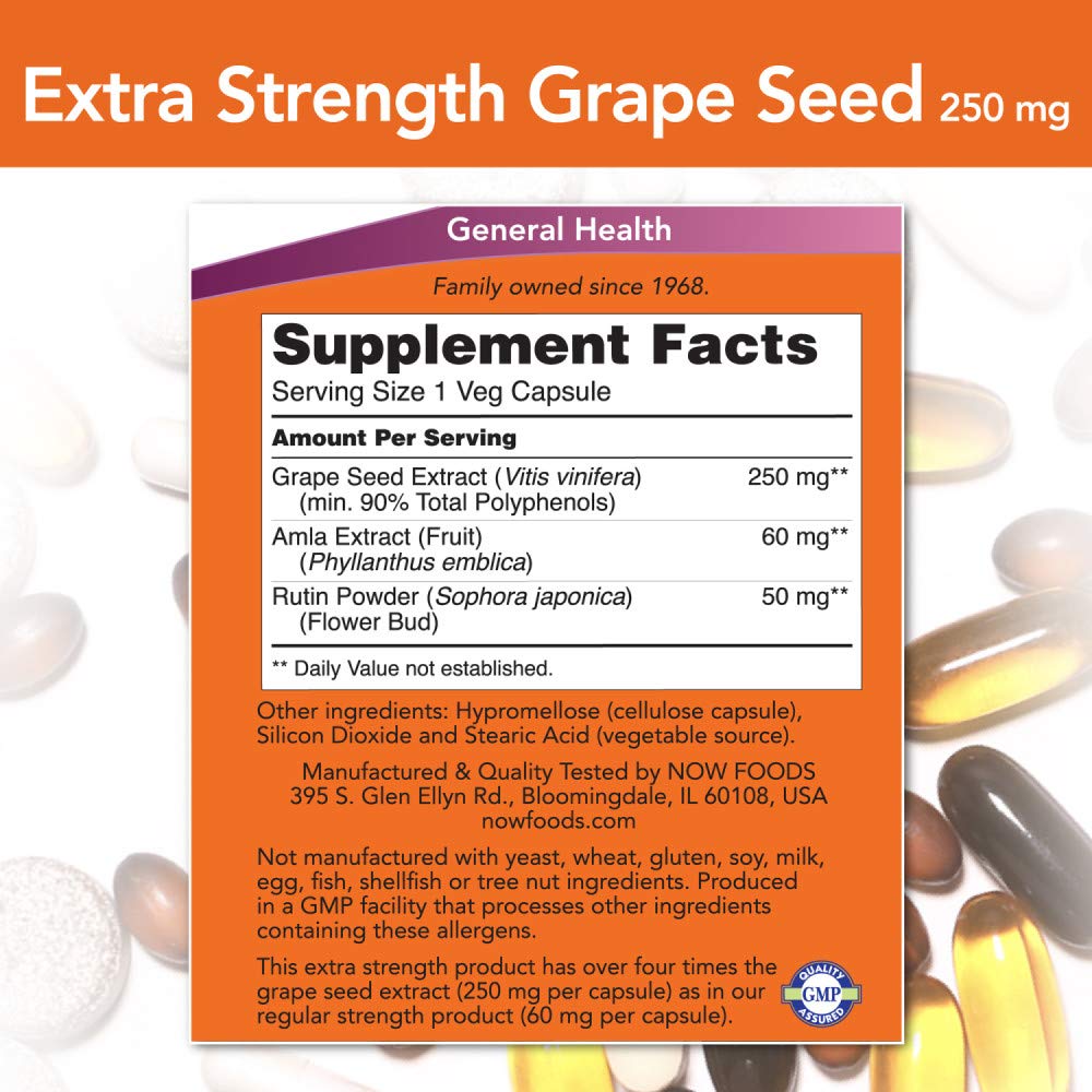Two bottles of Now Foods Grape Seed Extract 250mg supplements