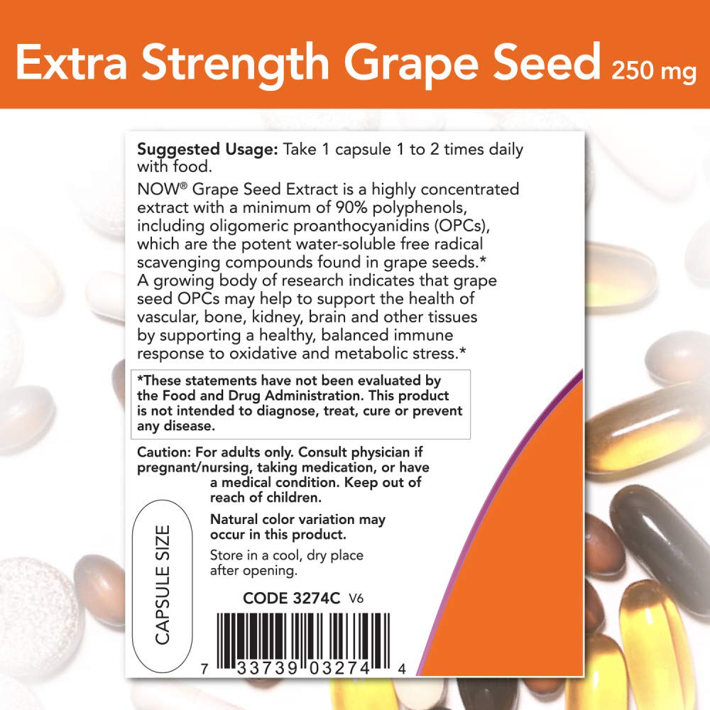 Now Foods Grape Seed Extract capsules showing vegetarian quality