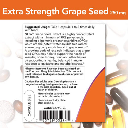 Now Foods Grape Seed Extract capsules showing vegetarian quality