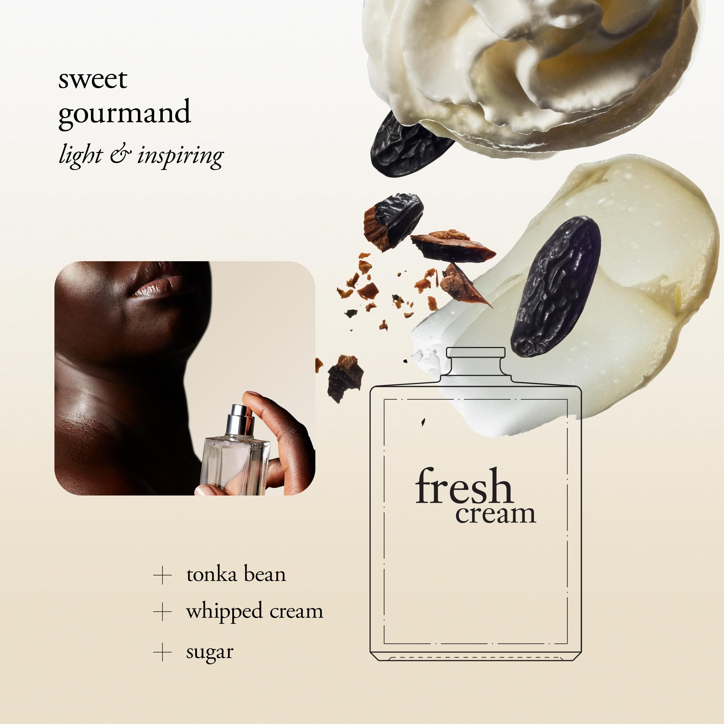 Close up of Philosophy Fresh Cream perfume bottle and silver cap