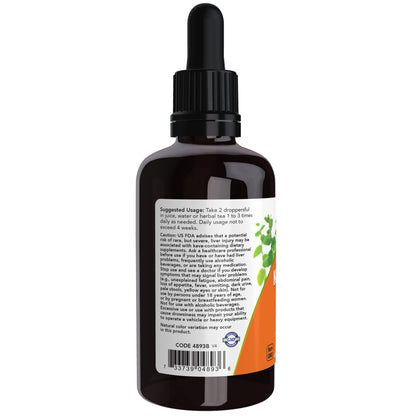 Back label of NOW Foods Kava Kava Liquid Extract showing supplement facts and ingredients