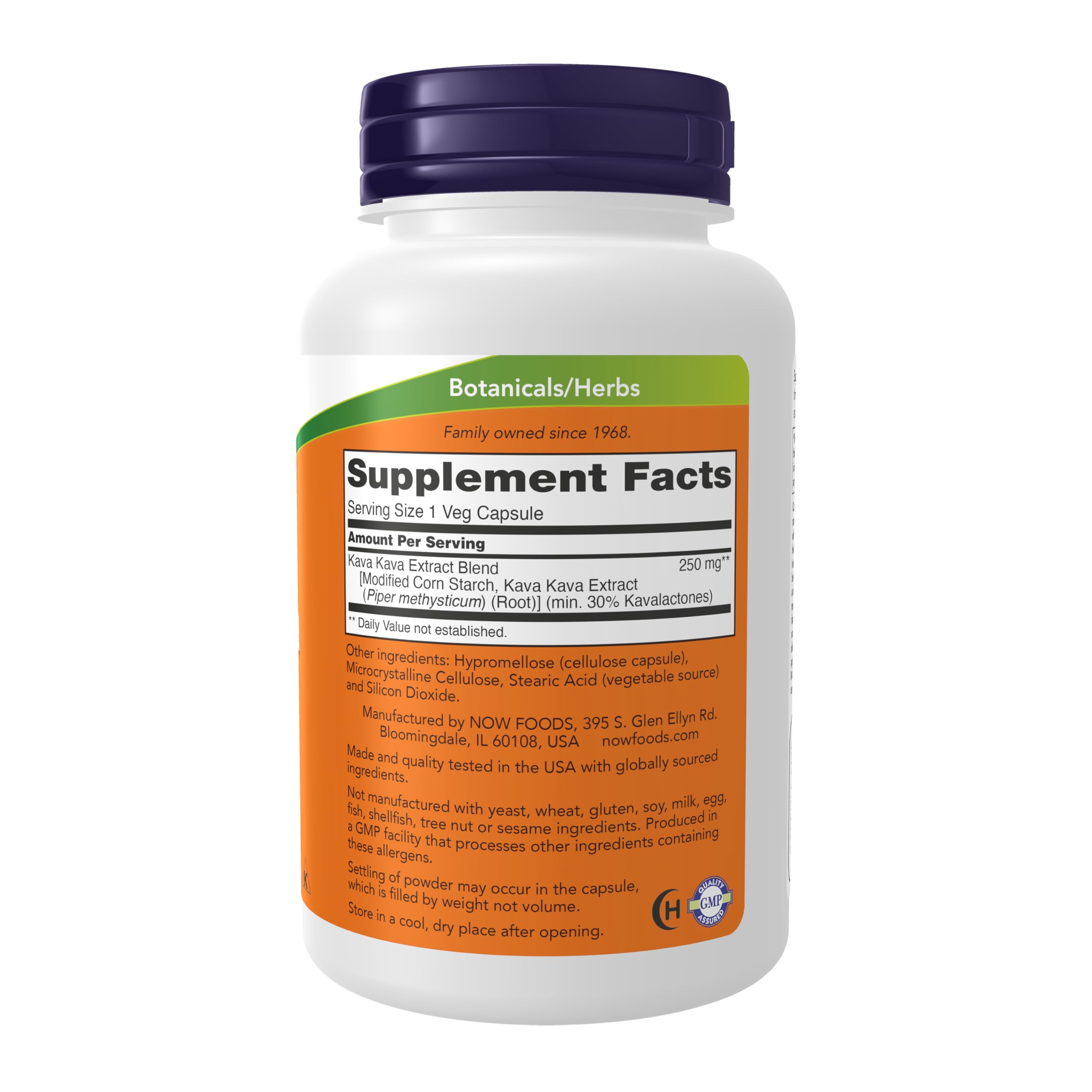 NOW Foods Kava Kava Extract 120 vegetarian capsules supplement bottle label details