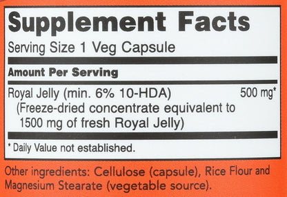 Supplement facts panel on the back of NOW Foods Royal Jelly 1500mg bottle
