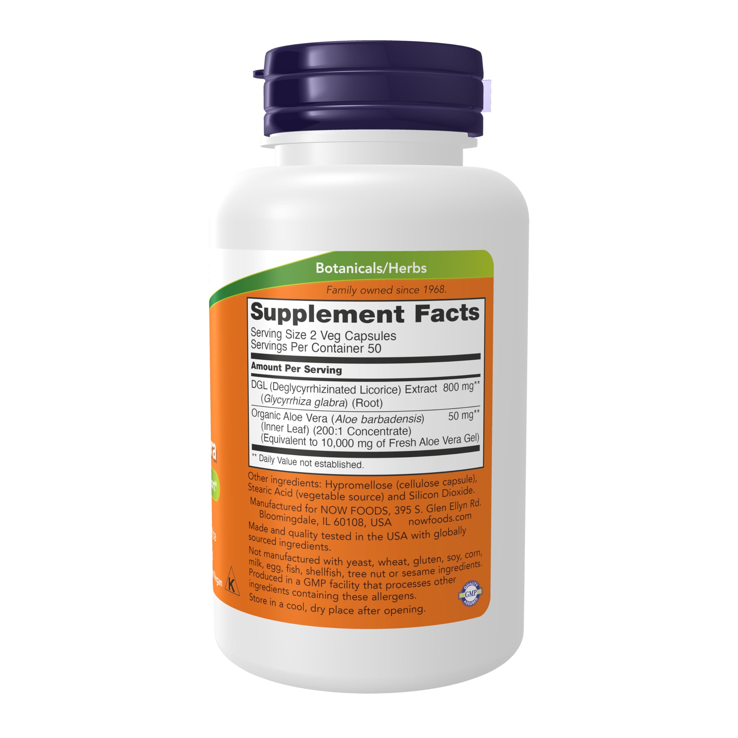 Now Foods DGL with Aloe Vera 100 vegetarian capsules label details
