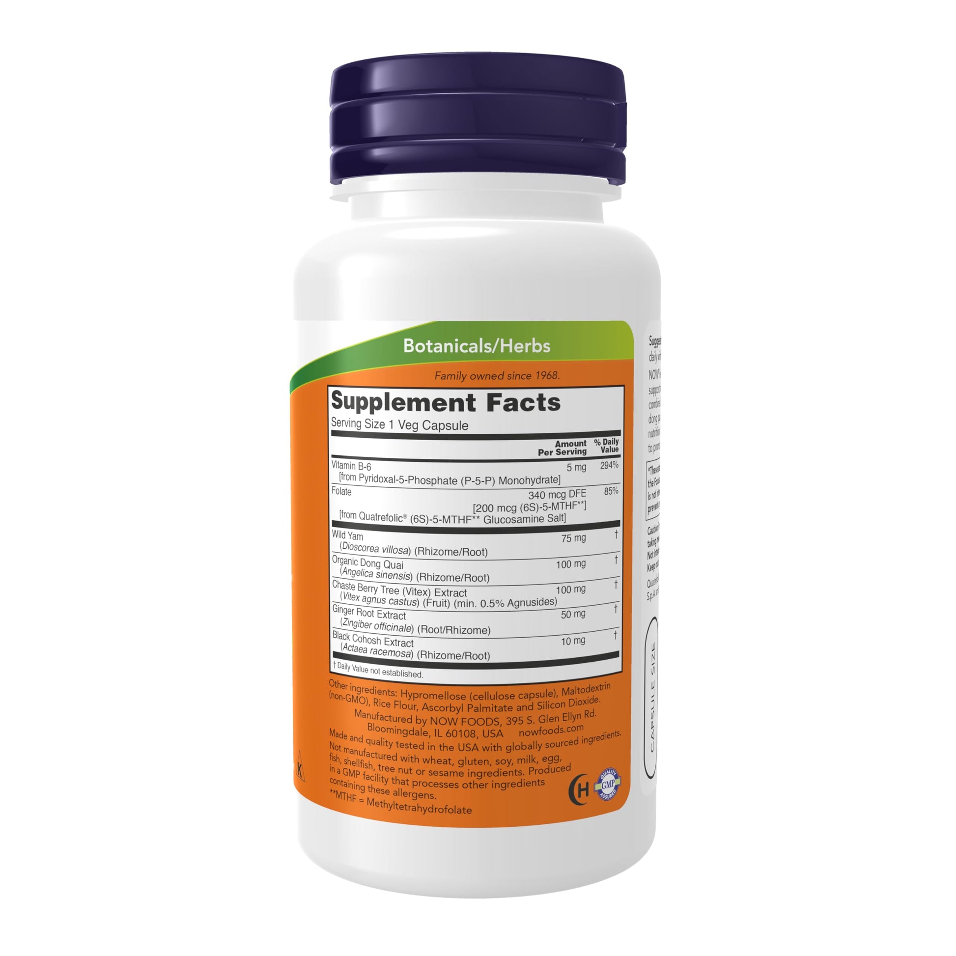 NOW Foods Female Balance supplement facts label showcasing wild yam vitex and dong quai ingredients