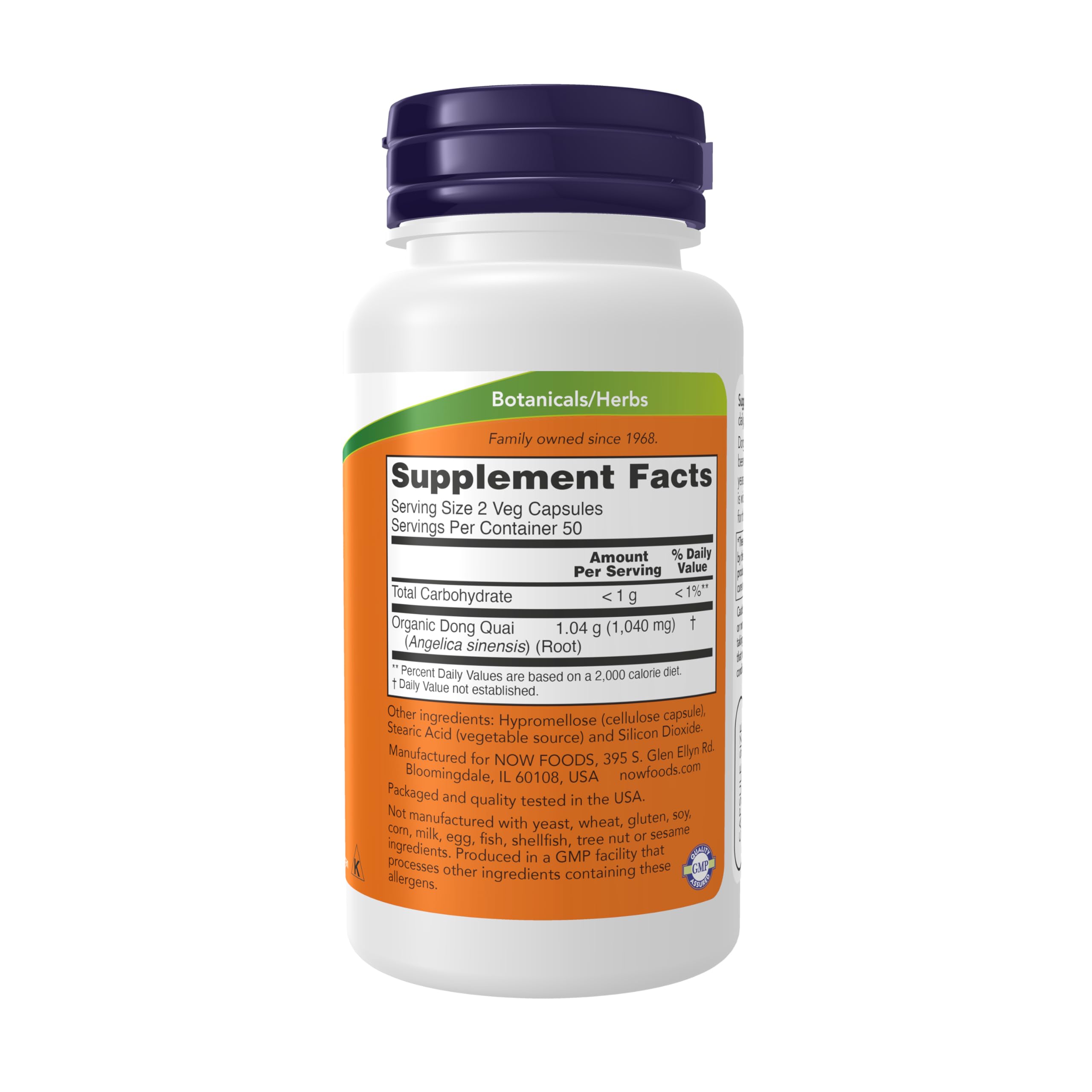 NOW Foods Dong Quai supplement facts panel listing female reproductive support ingredients