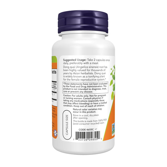 Side label view of NOW Foods Dong Quai Female Support supplement showing ingredients and Non-GMO project verification.