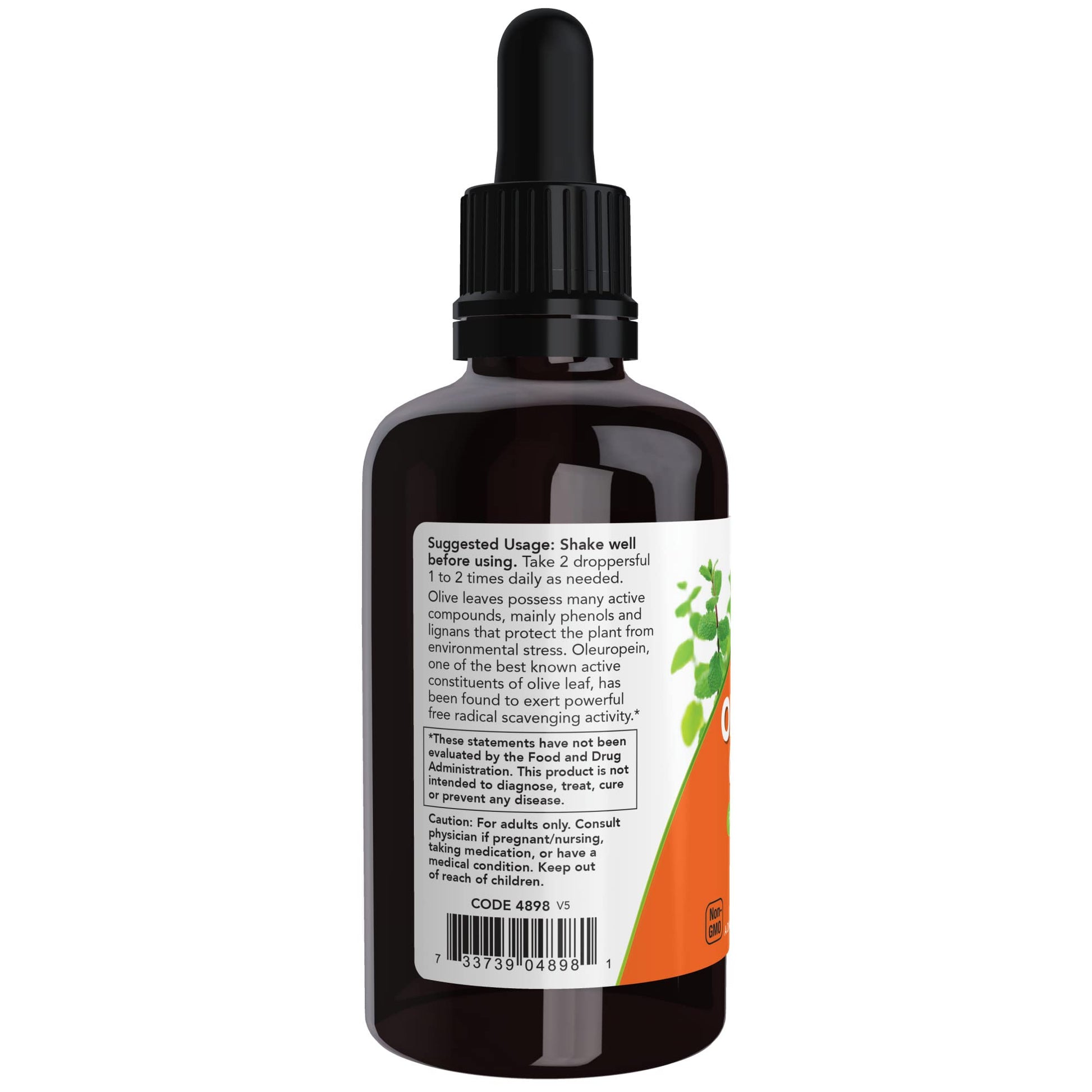 Now Foods Olive Leaf Glycerite dropper bottle showing liquid consistency
