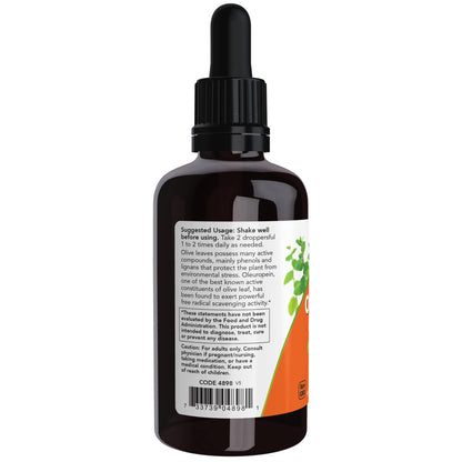 Now Foods Olive Leaf Glycerite dropper bottle showing liquid consistency