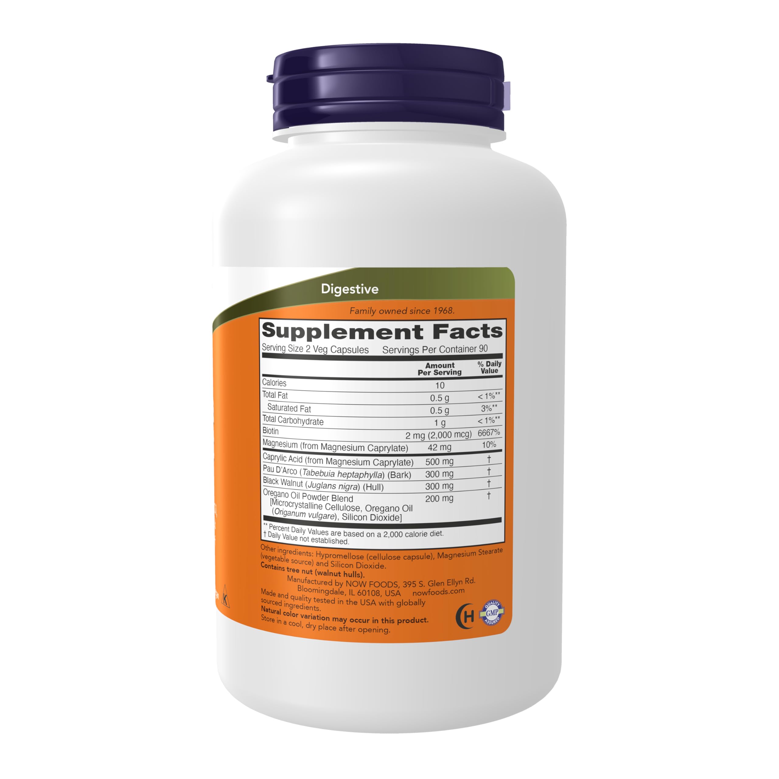 NOW Foods Candida Support supplement ingredients list and supplement facts label on the back of the bottle