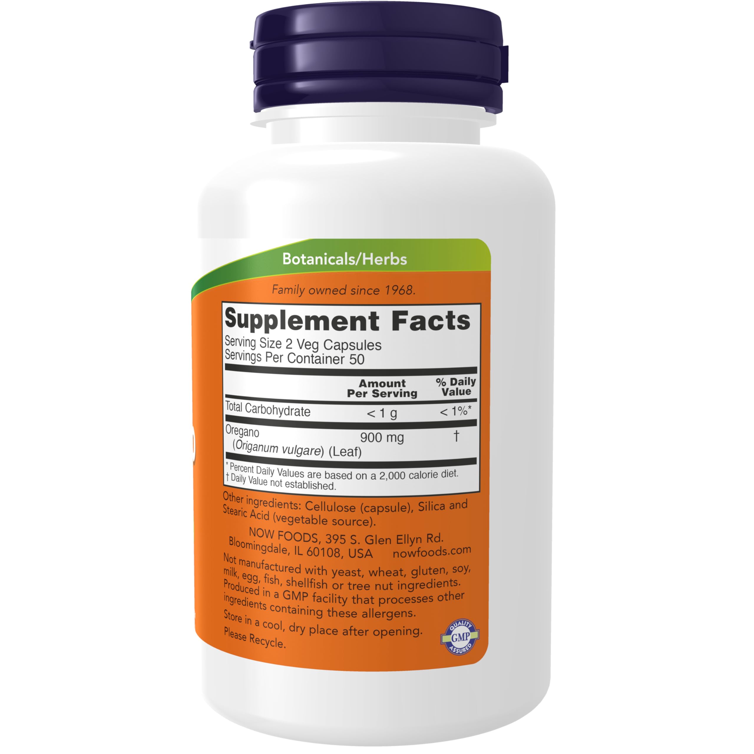 Now Foods Oregano herbal supplement label showing authentic wild oregano ingredient facts