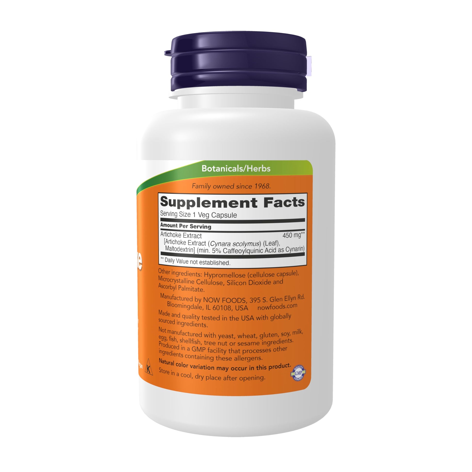 NOW Foods Artichoke Extract supplement label showing standardized five percent cynarin dosage information.