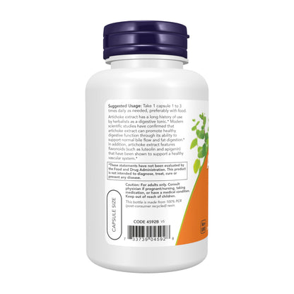 Side view of NOW Foods Artichoke Extract bottle displaying non-GMO and vegetarian product certifications.