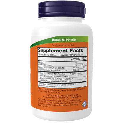 NOW Foods Triphala herbal supplement label showing three Ayurvedic fruits ingredients