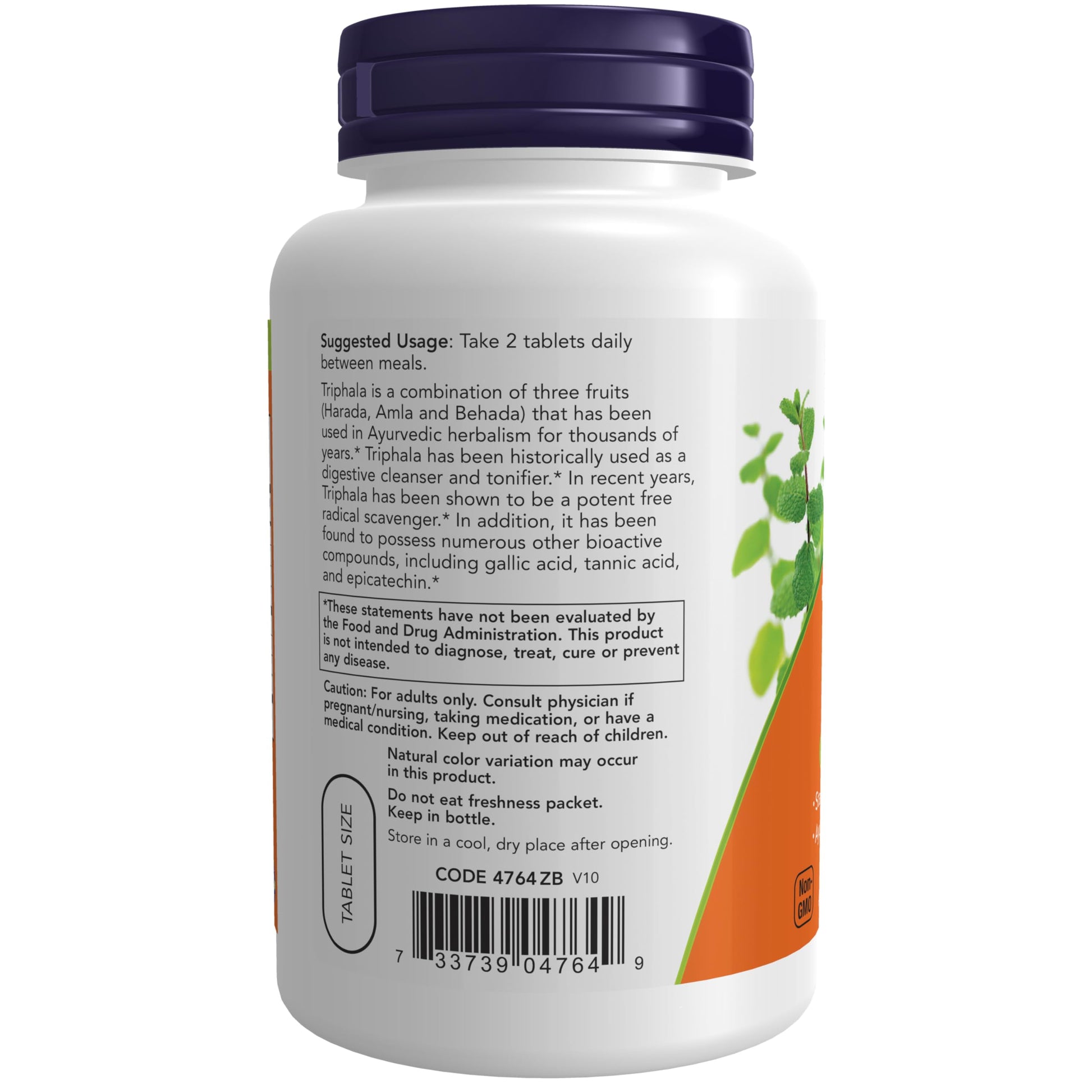 Side angle of NOW Foods Triphala 500 mg dietary supplement showing vegetarian tablet size