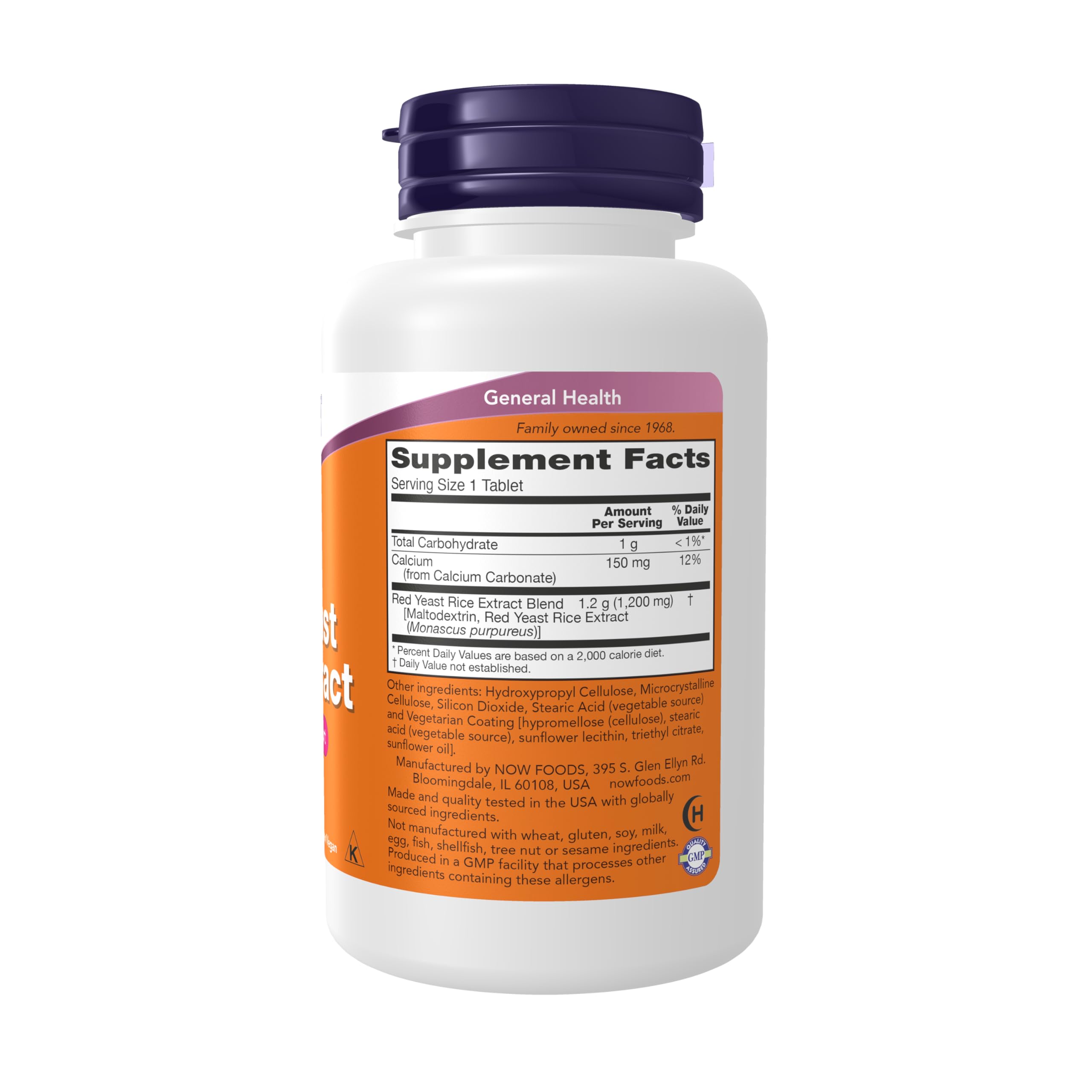 NOW Foods Red Yeast Rice Extract 1200mg supplement label showing nutrition facts and clean ingredients