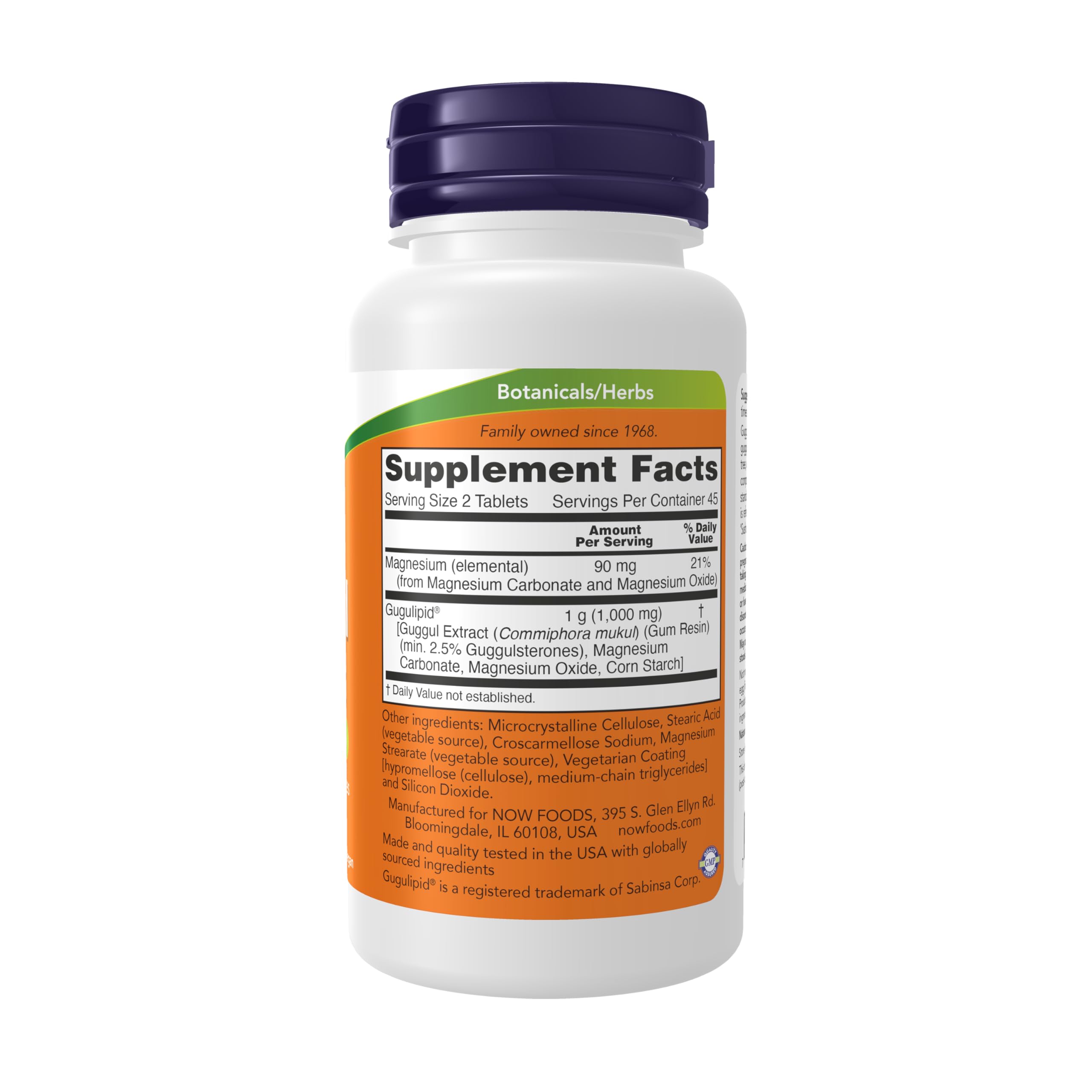 NOW Foods Guggul Extract 90 tablets side label showing standardized 2.5 percent guggulsterones.