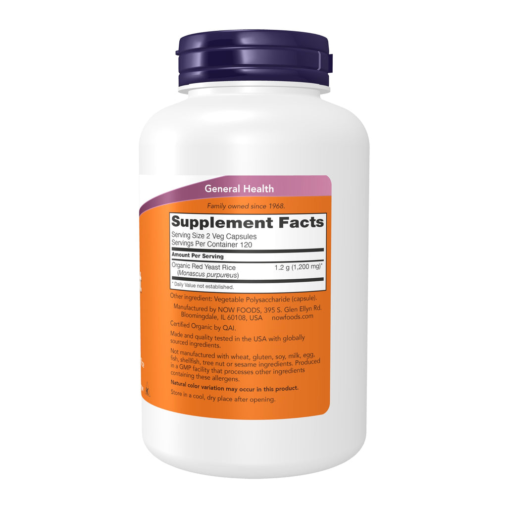 NOW Foods Red Yeast Rice 240 Vegetarian Capsules supplement facts label showing organic ingredients