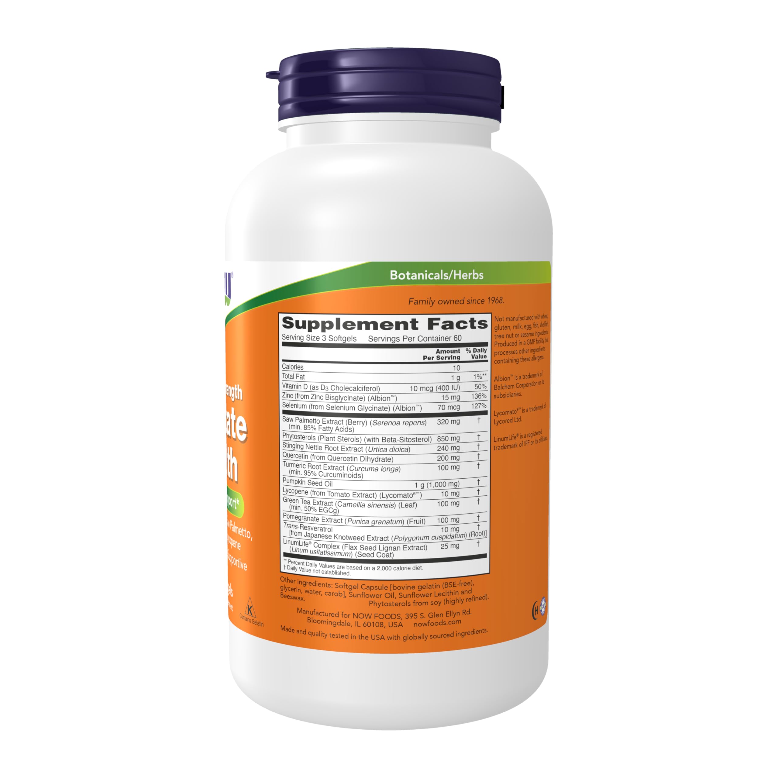 NOW Foods Prostate Health clinical strength supplement bottle label showing saw palmetto.