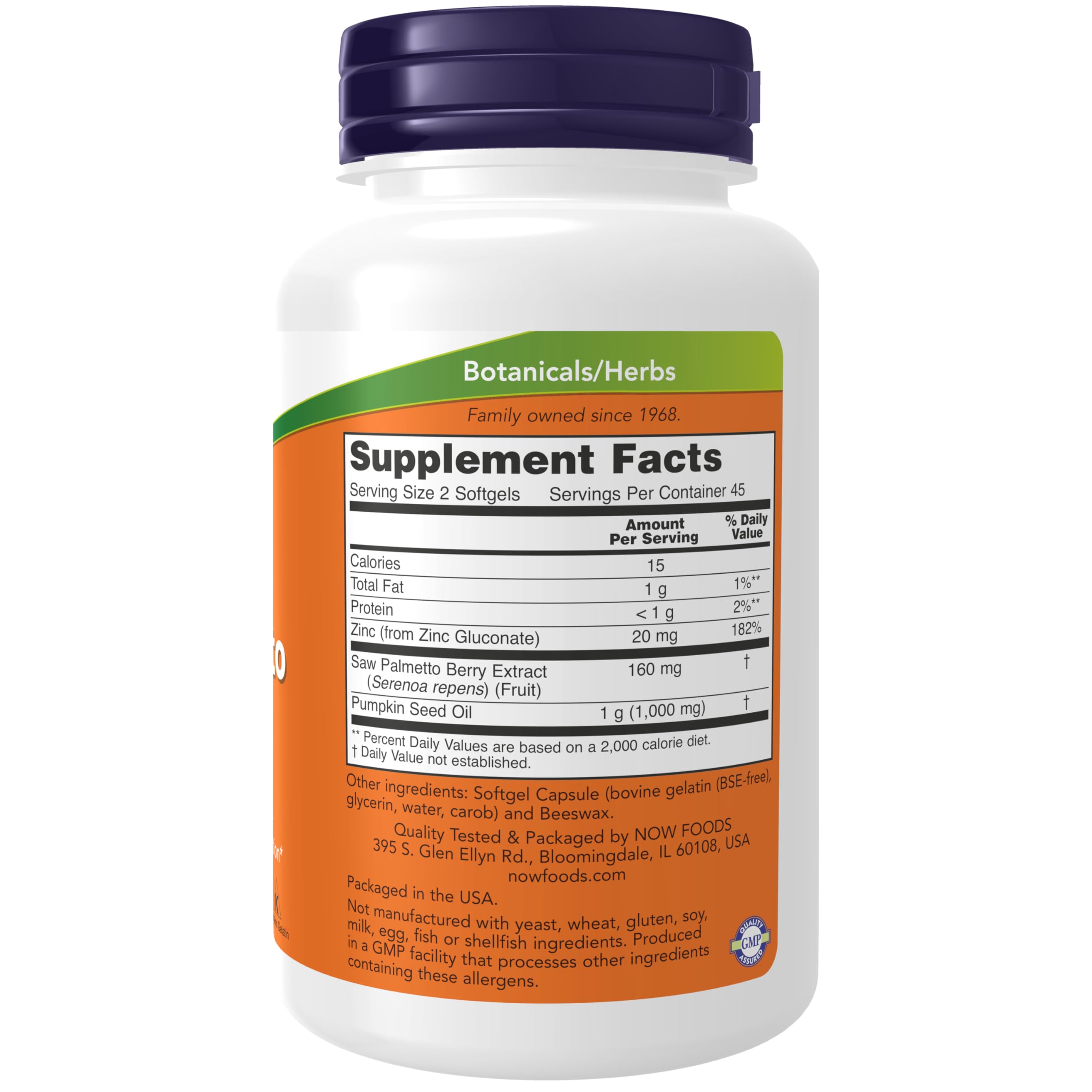 NOW Foods Saw Palmetto Extract supplement label details showing zinc and pumpkin seed oil ingredients