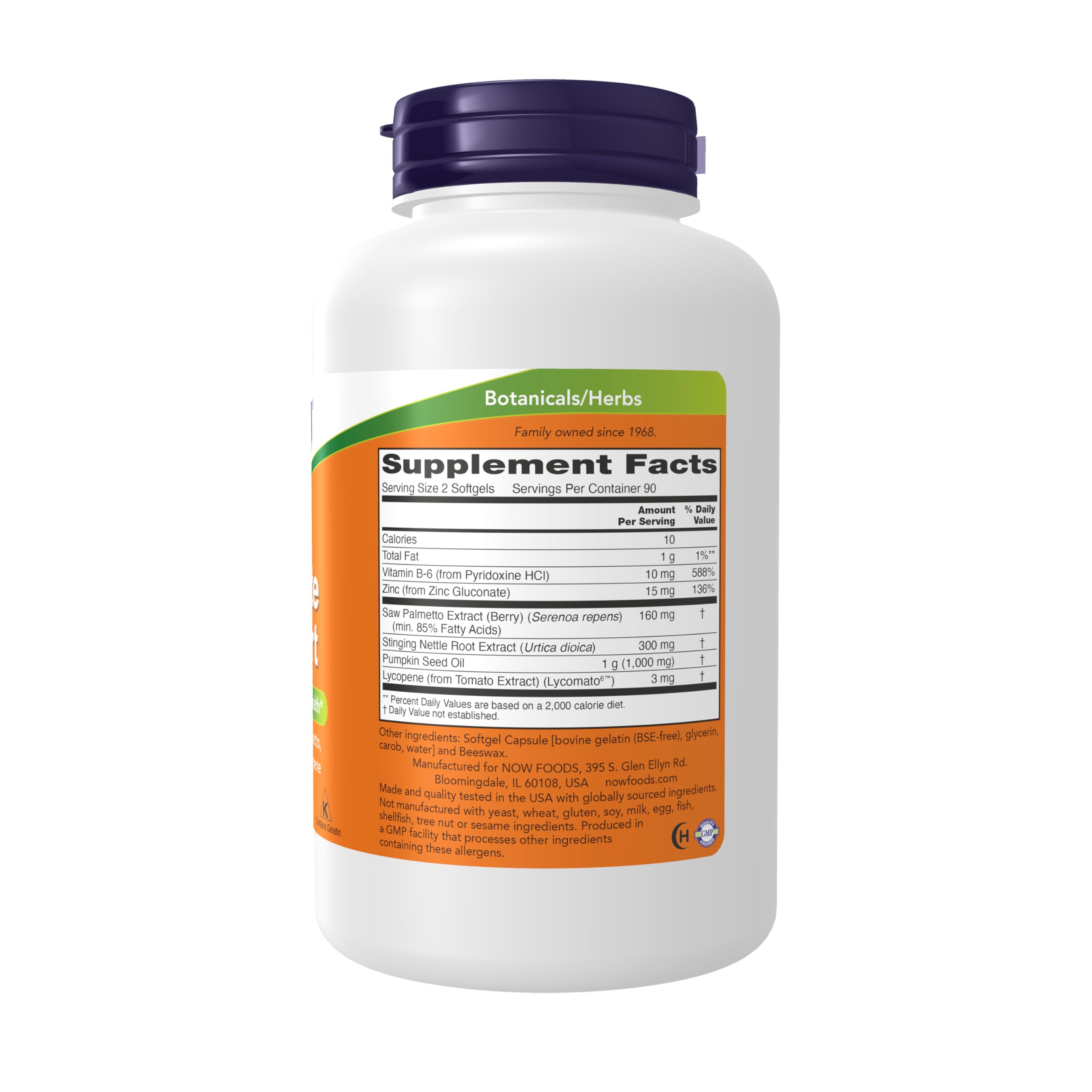 NOW Foods Prostate Support packaging highlighting standardized saw palmetto extract.