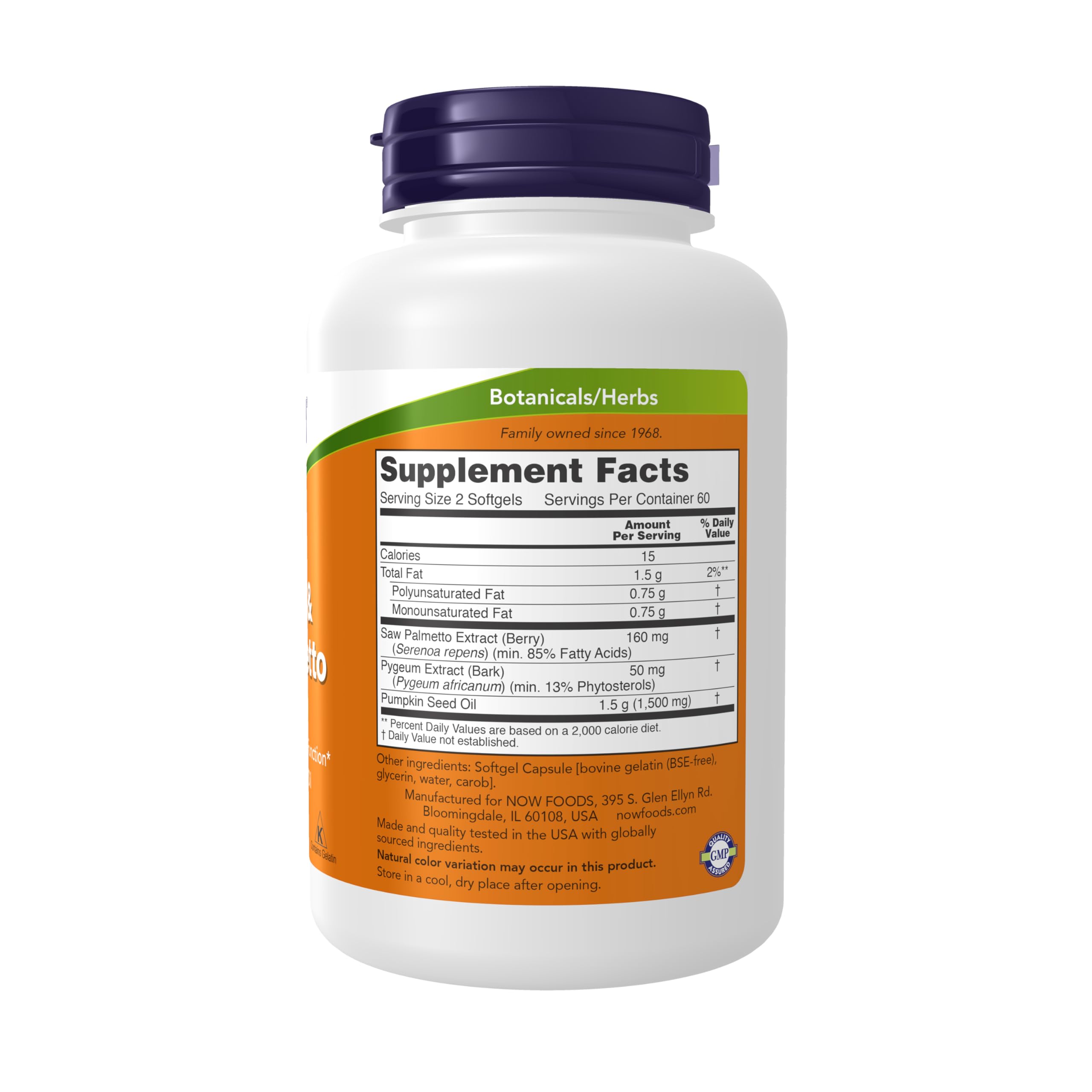 NOW Foods Pygeum and Saw Palmetto supplement fact panel and standardized ingredients list