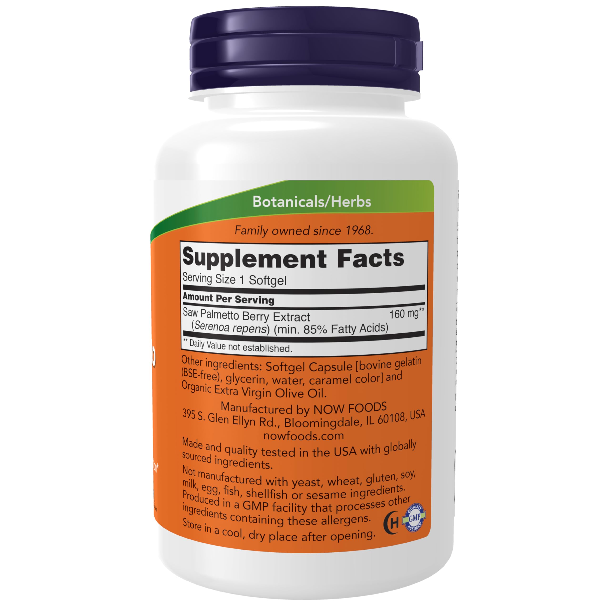 NOW Foods Saw Palmetto 160 milligrams dietary supplement bottle showing standardized extract info.