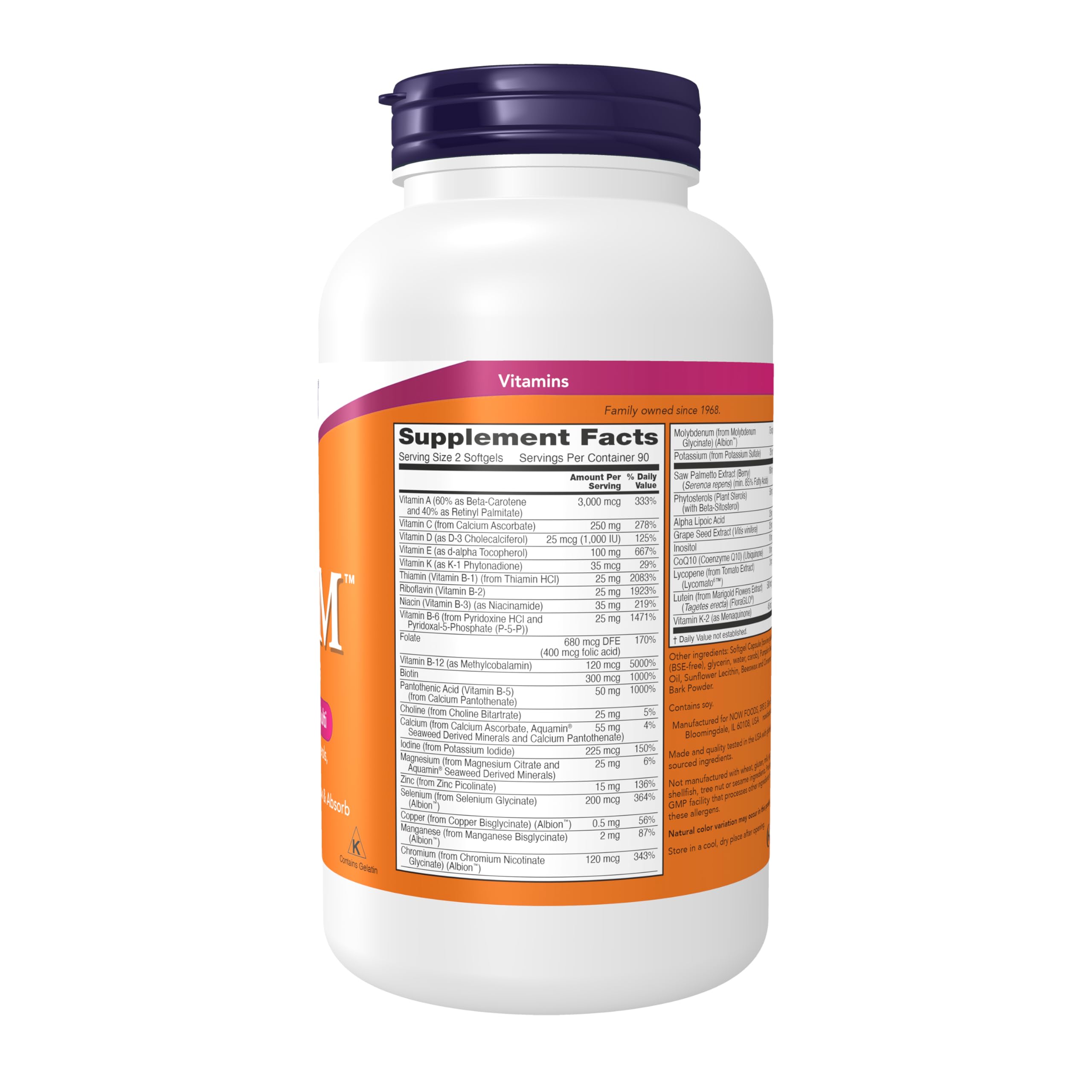 NOW Foods ADAM Men's Multi dietary supplement packaging with saw palmetto ingredient callout