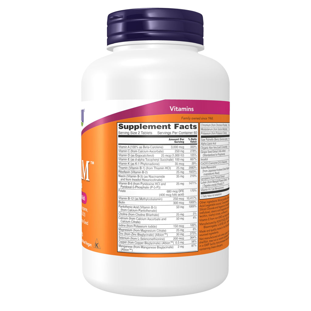 NOW Foods ADAM Mens Multivitamin supplement facts panel and ingredient list