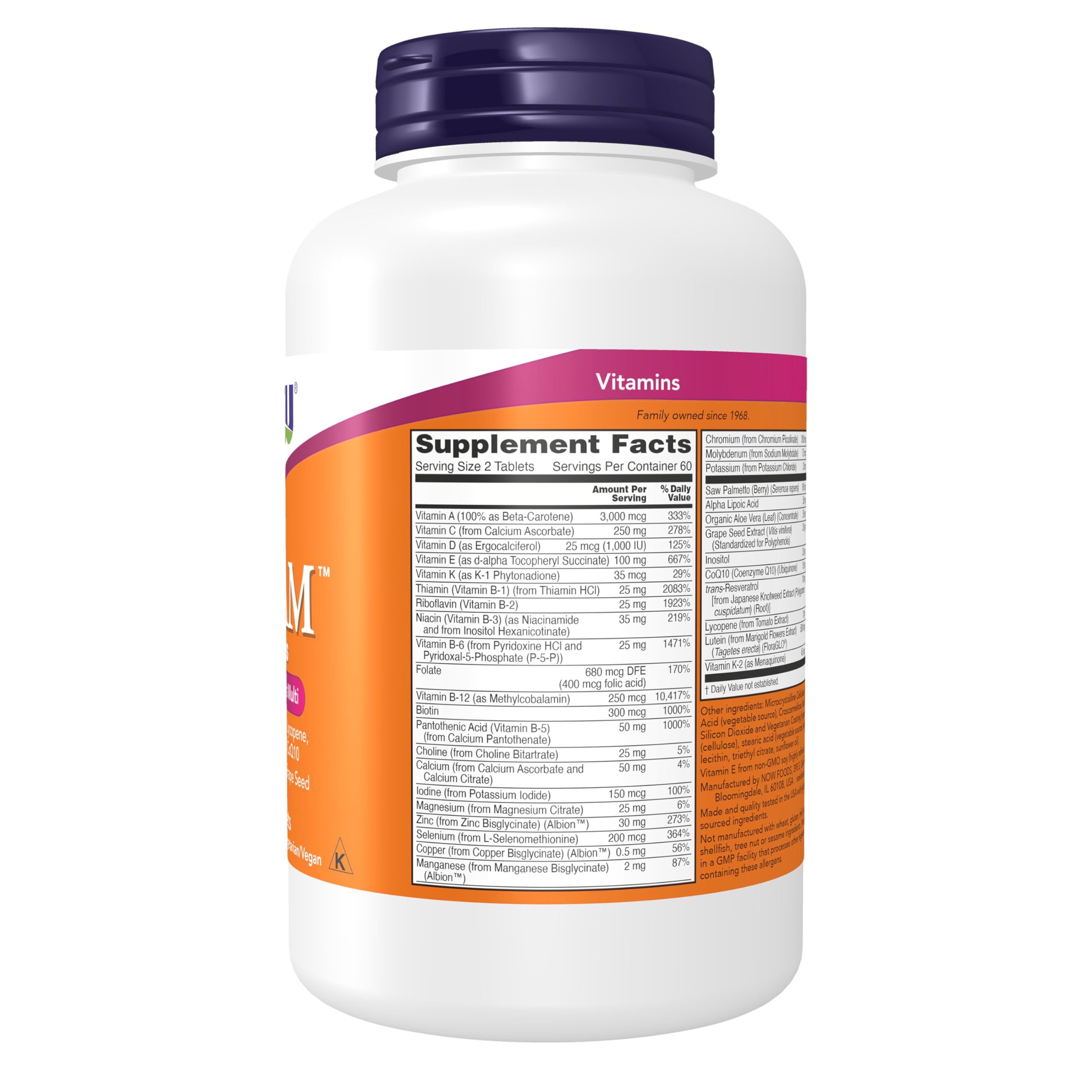 NOW Foods ADAM Mens Multivitamin supplement facts panel and ingredient list