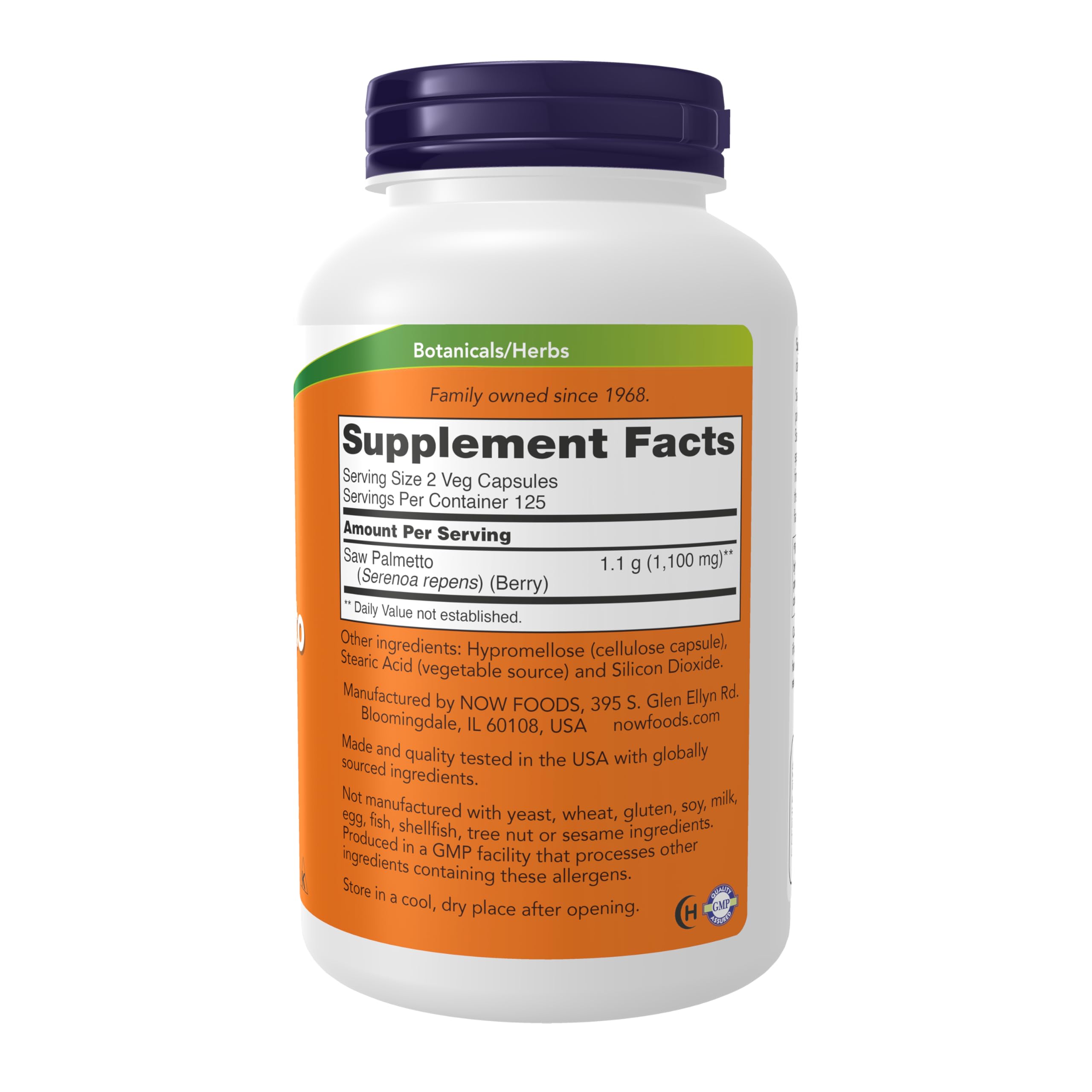 NOW Foods Saw Palmetto 250 vegetable capsules supplement facts and ingredient label