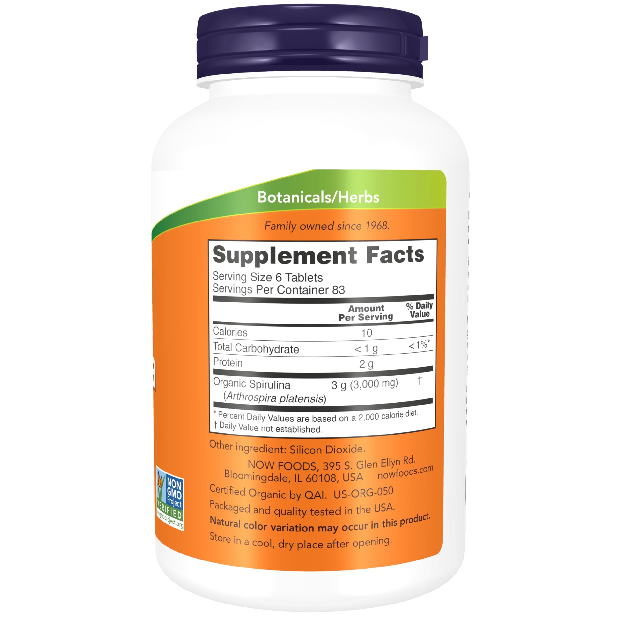 NOW Foods Organic Spirulina 500 tablets nutritional facts label view