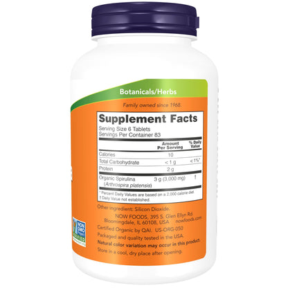 NOW Foods Organic Spirulina 500 tablets nutritional facts label view