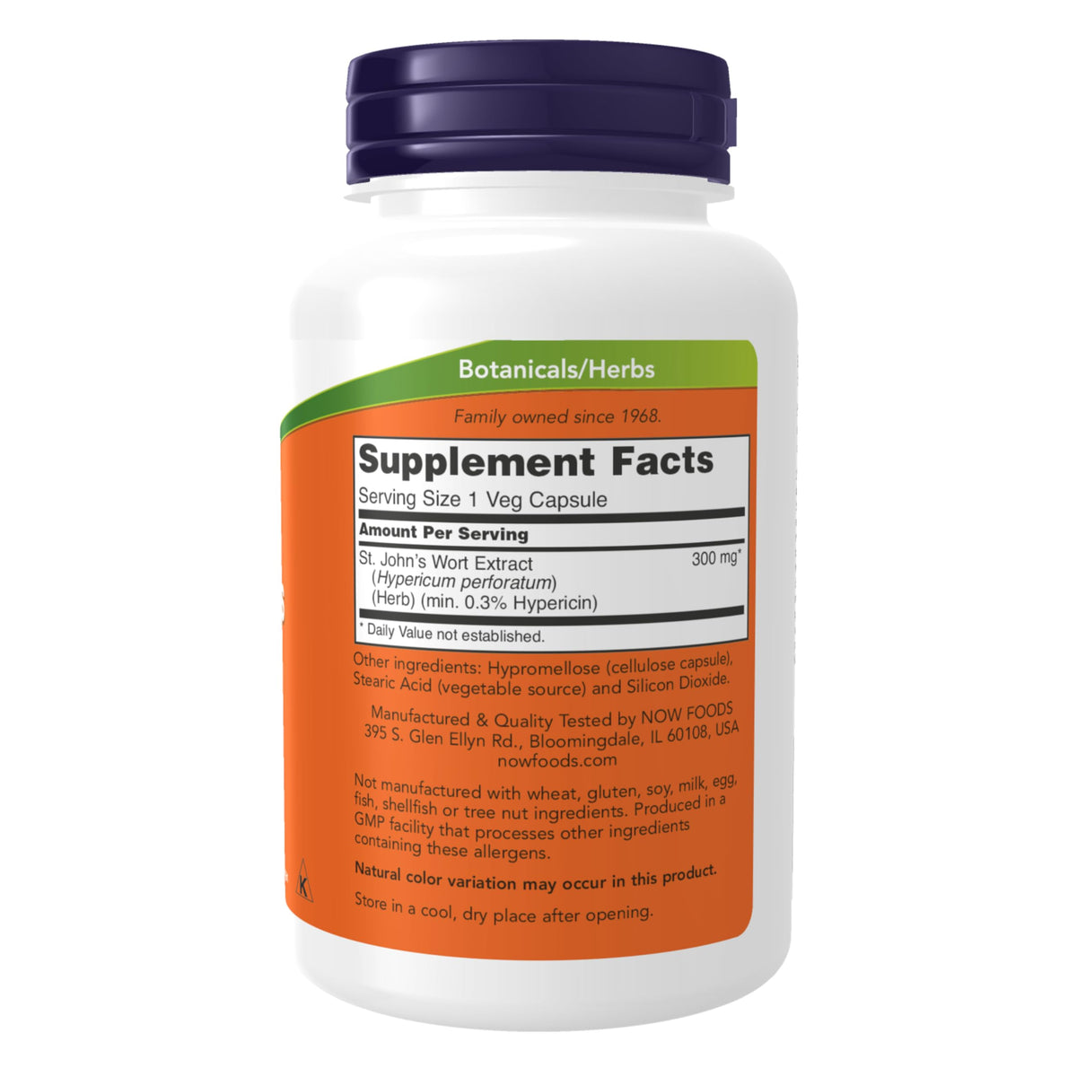 Now Foods St. John's Wort 300mg vegetarian capsules supplement facts label