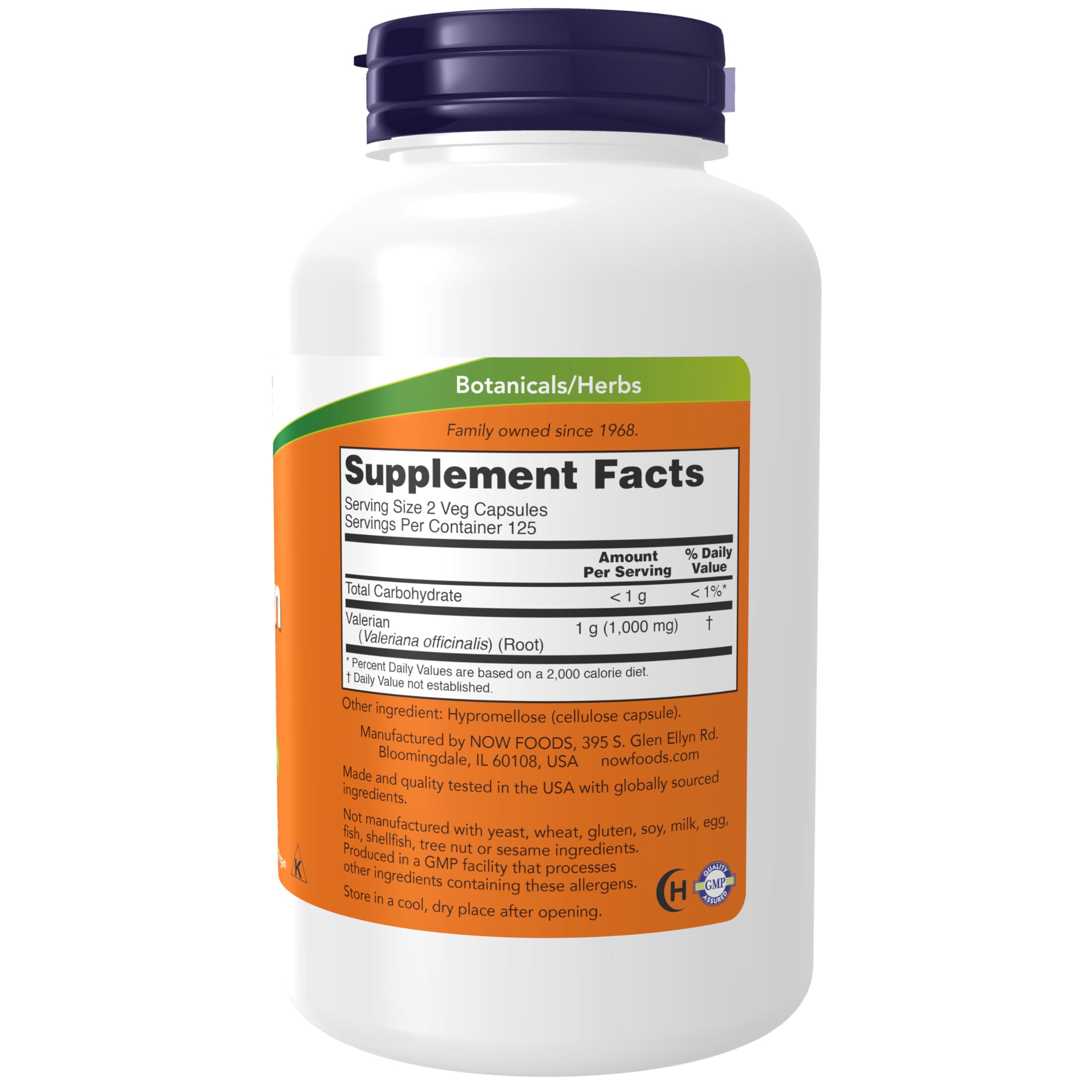 NOW Foods Valerian Root supplement label details displaying ingredient facts and GMP certification