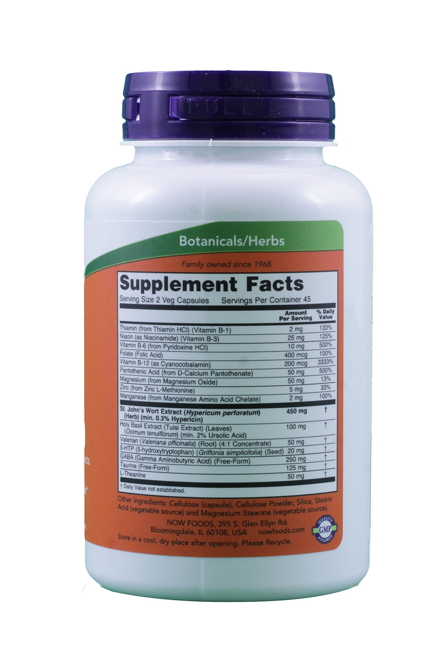 Side view of NOW Foods Mood Support bottle detailing supplement facts panel and clean ingredients.