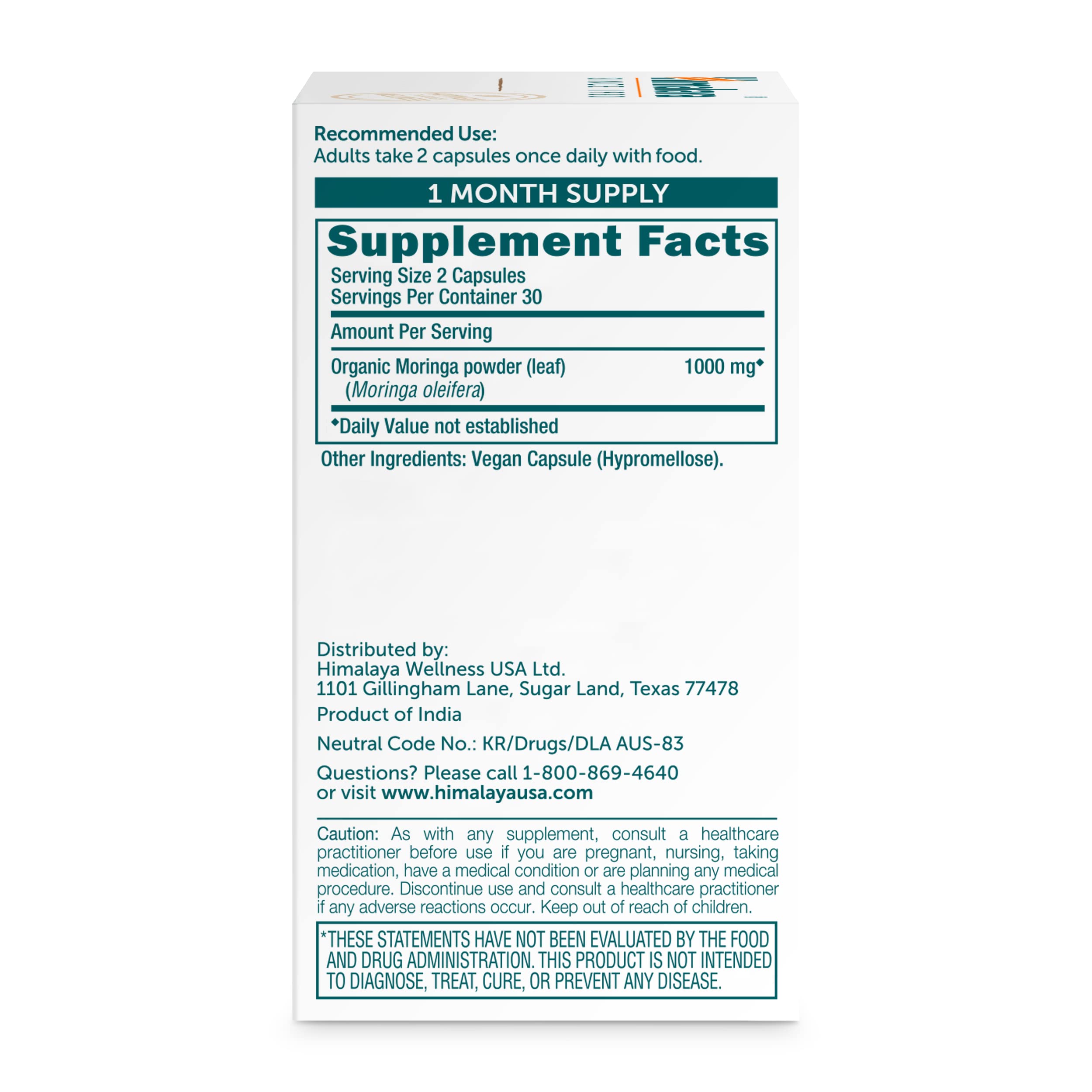 Close up of Himalaya Moringa antioxidant capsules bottle