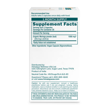 Close up of Himalaya Moringa antioxidant capsules bottle