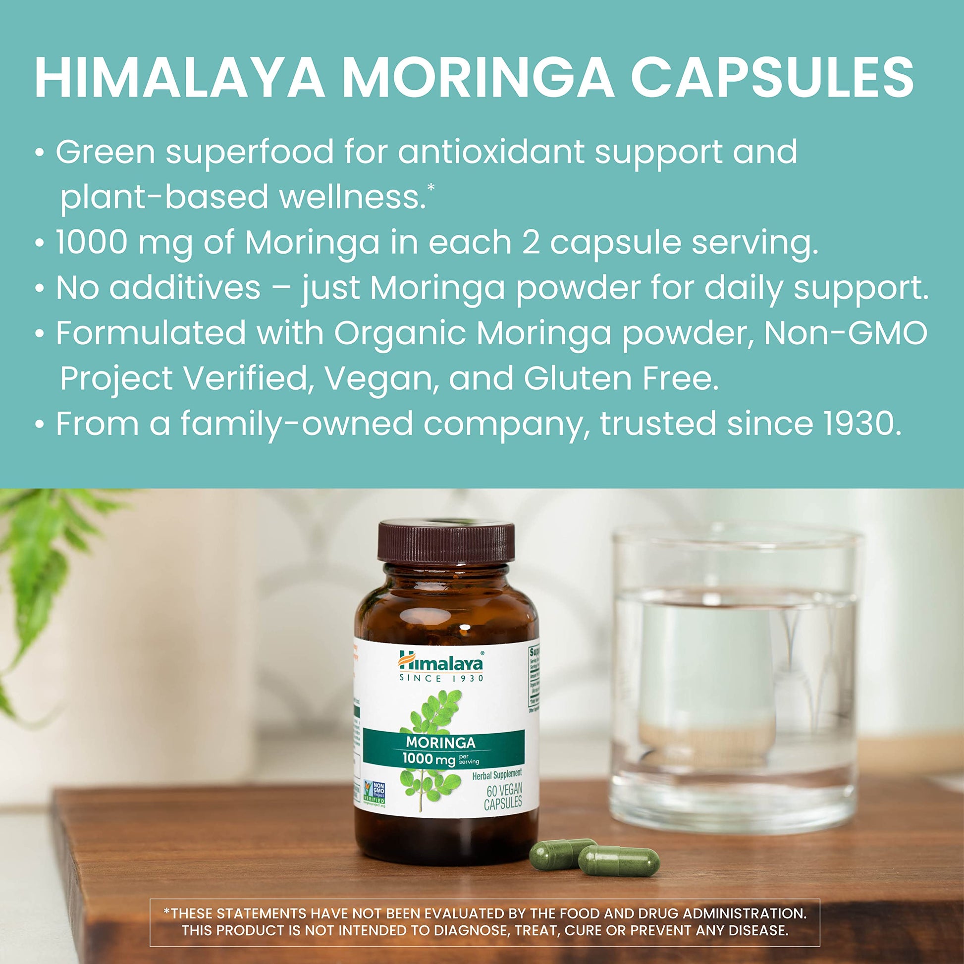 Himalaya Moringa supplement label showing 1000mg potency