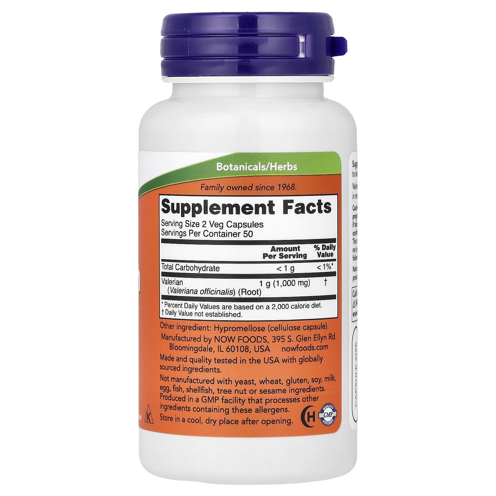 NOW Foods traditional herbal valerian root vegetarian capsules ingredient label and supplement facts